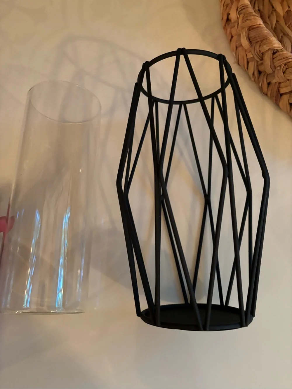 Black Wire Candle Holder or Vase with Inner Glass Removable Cylinder 8 x 4 1/2
